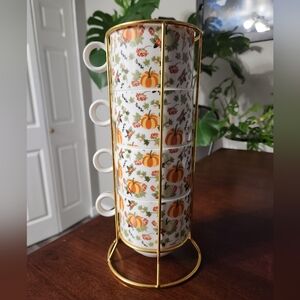 4 Cup Set Pumpkin Stacking 16oz Mugs with Gold Stand